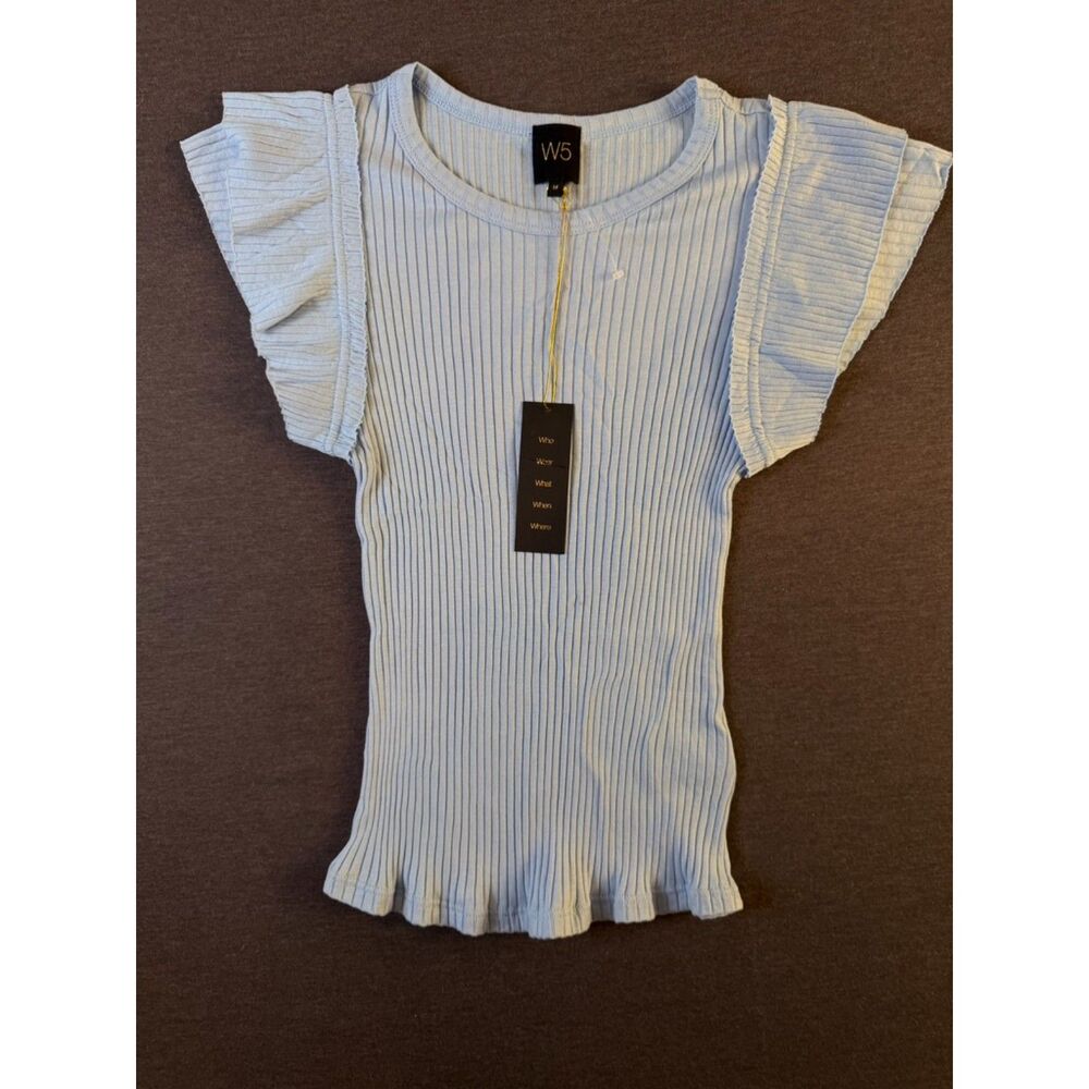 NWT W5 Who Wear What When Where Baby Blue Ribbed Flutter Sleeve Top M